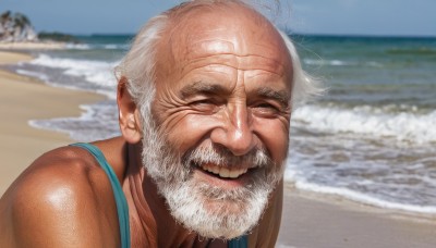 solo,looking at viewer,smile,1boy,closed eyes,upper body,white hair,male focus,outdoors,sky,teeth,day,shiny,water,blurry,blue sky,blurry background,facial hair,ocean,beach,tank top,portrait,beard,realistic,mustache,sand,bald,old,old man,wrinkled skin,bare shoulders,closed mouth,lips,depth of field,^ ^,happy,facing viewer,manly,photo background,blue tank top