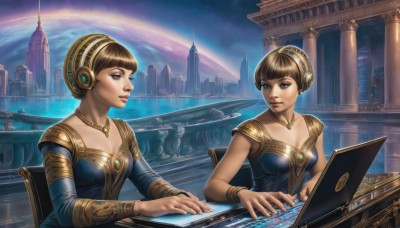 breasts,smile,short hair,bangs,multiple girls,brown hair,dress,2girls,cleavage,brown eyes,jewelry,medium breasts,sitting,sky,blunt bangs,necklace,bracelet,lips,siblings,headphones,chair,building,star (sky),science fiction,city,realistic,space,computer,rainbow,planet,laptop,earth (planet),spacecraft,holographic interface,hologram,1girl,upper body,hairband,earrings,armlet