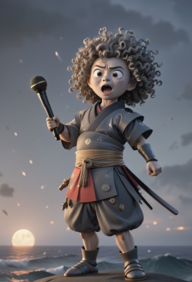 solo,open mouth,brown hair,black hair,1boy,holding,brown eyes,standing,full body,weapon,male focus,outdoors,japanese clothes,sky,shorts,sword,cloud,dark skin,holding weapon,black eyes,night,ocean,moon,cloudy sky,sheath,child,full moon,curly hair,sheathed,male child,1girl,teeth,sash,clenched hand,afro