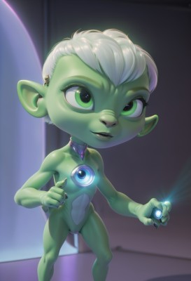 1girl,solo,looking at viewer,smile,short hair,green eyes,standing,white hair,grey hair,nude,small breasts,parted lips,pussy,pointy ears,nail polish,blurry,flat chest,collar,loli,completely nude,uncensored,bodysuit,blurry background,glowing,colored skin,green skin,fewer digits,open mouth,hair ornament,holding,jewelry,collarbone,earrings,teeth,choker,artist name,lips,fingernails,eyelashes,watermark,gem,black nails,web address,furry,nose,neck ring,multicolored skin,alien,two-tone skin