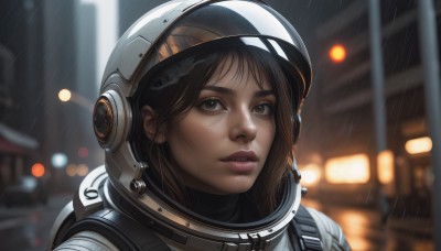 1girl,solo,looking at viewer,short hair,brown hair,brown eyes,upper body,outdoors,parted lips,blurry,lips,night,depth of field,blurry background,helmet,portrait,freckles,reflection,science fiction,rain,realistic,nose,spacesuit,bangs,black hair,teeth,close-up,space helmet