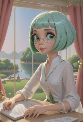 1girl,solo,breasts,looking at viewer,smile,short hair,bangs,skirt,shirt,long sleeves,jewelry,sitting,green eyes,white shirt,upper body,small breasts,parted lips,green hair,sky,glasses,teeth,day,collared shirt,artist name,indoors,blunt bangs,water,necklace,tree,lips,fingernails,book,eyelashes,window,dress shirt,aqua hair,buttons,watermark,table,bob cut,curtains,green skirt,semi-rimless eyewear,web address,desk,pendant,freckles,paper,open book,nose,round eyewear,watercraft,pencil,rimless eyewear,boat,lake,quill,yellow-framed eyewear