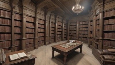 indoors,book,no humans,shadow,chair,table,scenery,wooden floor,paper,open book,bookshelf,light,lamp,candle,book stack,library,ladder,candlestand,chandelier,voile,ceiling