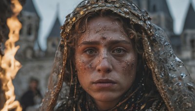 1girl,solo,looking at viewer,brown hair,brown eyes,closed mouth,solo focus,dark skin,blurry,lips,depth of field,blurry background,portrait,veil,freckles,realistic,close-up