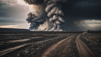 outdoors,sky,cloud,water,no humans,ocean,beach,cloudy sky,scenery,smoke,monster,mountain,sand,horizon,landscape,desert,day