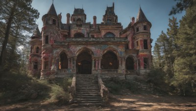 outdoors,sky,day,cloud,tree,blue sky,no humans,window,sunlight,grass,plant,building,nature,scenery,forest,stairs,fantasy,flag,castle,statue,arch,road,bush,architecture,ruins,bridge,tower,path,church,gate