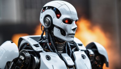 solo,red eyes,1boy,upper body,male focus,armor,blurry,no humans,blurry background,helmet,robot,portrait,mecha,1other,science fiction,realistic,android,cyborg,looking ahead,power armor,humanoid robot,signature,depth of field,glowing,fire,glowing eyes,close-up,machinery,cable,robot joints,cyberpunk