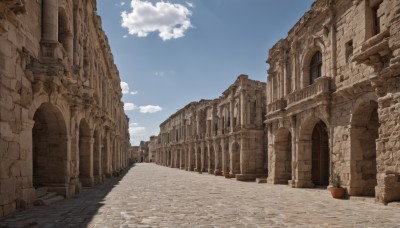 outdoors,sky,day,cloud,blue sky,no humans,window,plant,building,scenery,potted plant,road,ruins,pillar,arch,pavement,stone floor,shadow,cloudy sky,stairs,wall,architecture,path,column,stone wall