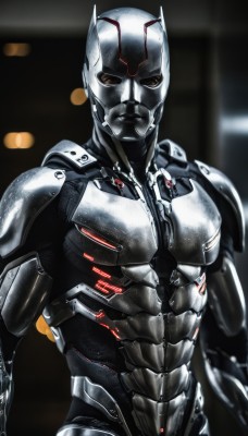 solo,looking at viewer,1boy,brown eyes,upper body,male focus,armor,blurry,bodysuit,blurry background,helmet,robot,science fiction,realistic,cyborg,power armor,mask,skin tight