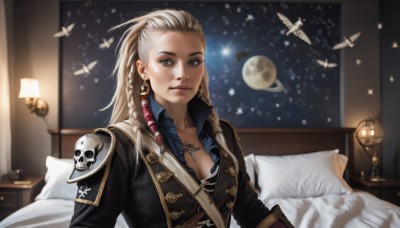 1girl,solo,long hair,breasts,looking at viewer,blonde hair,shirt,cleavage,brown eyes,jewelry,medium breasts,sitting,closed mouth,upper body,braid,white hair,multicolored hair,earrings,indoors,necklace,blurry,twin braids,lips,pillow,window,bed,makeup,night,bird,on bed,moon,bug,side braid,skull,realistic,aircraft,nose,lamp,mascara,multiple braids,jacket,ponytail,open clothes,coat,black jacket,grey eyes,blurry background,feathers,shoulder armor,freckles