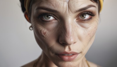 1girl,solo,looking at viewer,short hair,brown hair,black hair,1boy,brown eyes,jewelry,male focus,earrings,parted lips,teeth,grey background,necklace,blurry,lips,eyelashes,portrait,close-up,realistic,nose,smile,simple background,green eyes,watermark,goggles,goggles on head