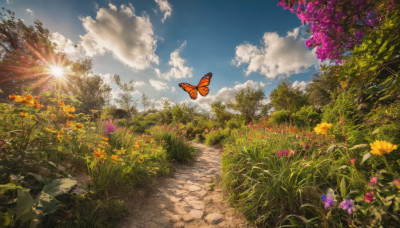 flower, outdoors, sky, day, cloud, tree, blue sky, no humans, sunlight, cloudy sky, grass, bug, plant, butterfly, scenery, yellow flower, purple flower, sun, road, field, path