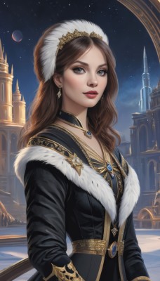 1girl,solo,long hair,looking at viewer,brown hair,long sleeves,dress,brown eyes,jewelry,upper body,weapon,earrings,outdoors,sky,choker,necklace,lips,coat,fur trim,makeup,night,moon,lipstick,gem,star (sky),night sky,starry sky,gold trim,realistic,nose,headdress,red lips,castle,breasts,bangs,hat,black dress,parted bangs,wavy hair