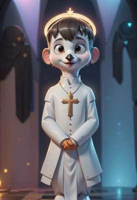 solo,looking at viewer,smile,short hair,open mouth,brown hair,black hair,long sleeves,1boy,animal ears,brown eyes,jewelry,standing,male focus,solo focus,indoors,necklace,halo,own hands together,cross,child,furry,robe,nun,furry male,habit,male child,cross necklace,buck teeth,priest,lion boy,mitre,blush,gloves,hat