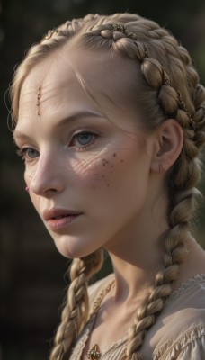 1girl,solo,long hair,blue eyes,blonde hair,hair ornament,dress,jewelry,braid,earrings,parted lips,teeth,artist name,signature,necklace,blurry,twin braids,lips,grey eyes,blurry background,portrait,freckles,realistic,nose,eyelashes,looking away,piercing,gem,crown braid,multiple braids