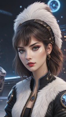 1girl,solo,breasts,looking at viewer,short hair,bangs,brown hair,black hair,hat,cleavage,brown eyes,jewelry,jacket,upper body,earrings,open clothes,artist name,medium hair,necklace,blurry,lips,fur trim,eyelashes,makeup,blurry background,white headwear,lipstick,eyeshadow,zipper,science fiction,fur collar,realistic,nose,red lips,eyeliner,fur hat,mascara,parted lips,signature,gem,portrait