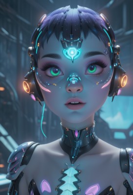 1girl,solo,looking at viewer,short hair,open mouth,black hair,green eyes,collarbone,upper body,parted lips,teeth,artist name,blurry,lips,eyelashes,makeup,depth of field,blurry background,glowing,headgear,headphones,watermark,portrait,close-up,eyeshadow,freckles,science fiction,nose,android,eyeliner,joints,cable,forehead jewel,cyborg,robot joints,neon trim,mascara,cyberpunk,mechanical parts,hologram,choker,bodysuit,upper teeth only,thick eyebrows,light particles,very short hair,robot ears