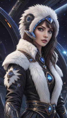 1girl,solo,long hair,looking at viewer,brown hair,dress,brown eyes,jewelry,upper body,parted lips,belt,signature,black dress,lips,coat,fur trim,makeup,gauntlets,gem,star (sky),starry sky,science fiction,nose,winter clothes,red lips,space,planet,breasts,bangs,long sleeves,sky,artist name,hood,official alternate costume,looking to the side,lipstick,eyeshadow,black coat,realistic