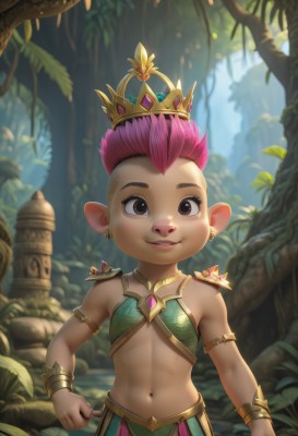 1girl,solo,looking at viewer,smile,short hair,1boy,navel,brown eyes,jewelry,pink hair,male focus,earrings,outdoors,parted lips,teeth,day,pointy ears,midriff,dark skin,armor,blurry,flat chest,bracelet,tree,blurry background,crown,child,nature,furry,armlet,forest,furry female,bracer,male child,mohawk,buck teeth,breasts,animal ears,bare shoulders,upper body,multicolored hair,small breasts,artist name,necklace,stomach,two-tone hair,gradient hair,gem,very short hair