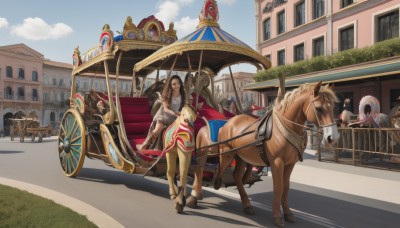 1girl,long hair,smile,brown hair,black hair,dress,jewelry,sitting,boots,outdoors,multiple boys,sky,day,cloud,blue sky,shadow,animal,brown footwear,grass,crown,ground vehicle,building,scenery,motor vehicle,road,riding,horse,street,horseback riding,reins,saddle