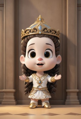 1girl,solo,long hair,looking at viewer,smile,open mouth,brown hair,long sleeves,dress,brown eyes,jewelry,standing,full body,braid,teeth,indoors,chibi,white dress,twin braids,upper teeth only,outstretched arms,crown,gem,child,female child,pillar,very long hair,shoes,open hands