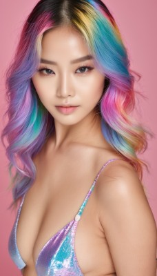 1girl,solo,long hair,breasts,looking at viewer,smile,blonde hair,simple background,cleavage,bare shoulders,medium breasts,closed mouth,blue hair,collarbone,swimsuit,upper body,pink hair,purple hair,bikini,multicolored hair,shiny,black eyes,lips,gradient hair,makeup,pink background,multicolored clothes,realistic,nose,strap gap,rainbow hair,black hair,small breasts,two-tone hair,eyelashes