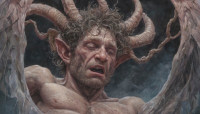 solo,looking at viewer,short hair,open mouth,black hair,1boy,nipples,upper body,male focus,nude,wings,horns,teeth,pointy ears,muscular,facial hair,pectorals,muscular male,demon horns,portrait,beard,demon wings,realistic,chest hair,demon boy,brown hair