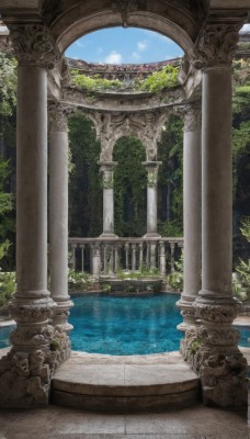 outdoors,sky,day,cloud,water,tree,blue sky,no humans,plant,nature,scenery,ruins,pillar,arch,moss,overgrown,column,flower,building,stairs,fantasy,architecture,bridge,statue,garden