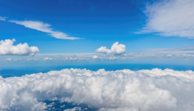 monochrome,outdoors,sky,day,cloud,water,blue sky,no humans,ocean,cloudy sky,scenery,blue theme,horizon,landscape