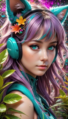 1girl,solo,long hair,looking at viewer,bangs,hair ornament,animal ears,bare shoulders,closed mouth,green eyes,upper body,pink hair,purple hair,flower,multicolored hair,sleeveless,shiny,artist name,cat ears,hair flower,from side,aqua eyes,lips,animal ear fluff,eyelashes,makeup,fake animal ears,headphones,leaf,plant,lipstick,portrait,eyeshadow,freckles,pink lips,realistic,yellow flower,nose,mascara,animal ear headphones,cat ear headphones,mole,fox ears,mole under eye,eyeliner