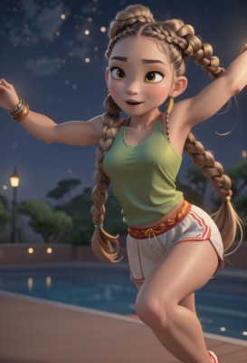 1girl,solo,long hair,breasts,blush,smile,open mouth,brown hair,shirt,bare shoulders,twintails,brown eyes,jewelry,very long hair,standing,collarbone,braid,earrings,small breasts,outdoors,parted lips,sky,shoes,shorts,teeth,sleeveless,midriff,dark skin,armpits,water,blurry,twin braids,arms up,bracelet,dark-skinned female,tree,lips,short shorts,night,blurry background,upper teeth only,leg up,happy,standing on one leg,thick eyebrows,tank top,outstretched arms,red footwear,sneakers,child,star (sky),night sky,forehead,white shorts,green shirt,female child,pool,dancing,lamppost,multiple braids,medium breasts,artist name,dolphin shorts,park