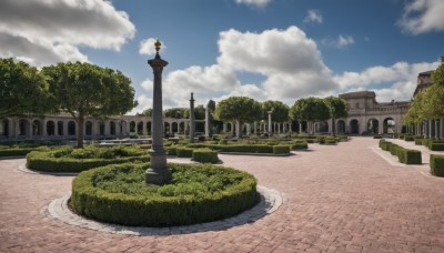 outdoors,sky,day,cloud,tree,blue sky,no humans,cloudy sky,grass,building,scenery,road,bush,lamppost,pillar,tower,path,pavement,fantasy,ruins,statue,arch,column,fountain