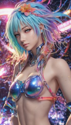 1girl,solo,breasts,looking at viewer,short hair,bangs,blue eyes,hair ornament,navel,cleavage,bare shoulders,jewelry,medium breasts,closed mouth,blue hair,swimsuit,upper body,pink hair,flower,bikini,multicolored hair,earrings,small breasts,hair flower,medium hair,armor,blurry,lips,grey eyes,aqua hair,gradient hair,blurry background,expressionless,bikini top only,realistic,nose,bikini armor,hairband,shiny,artist name,signature,necklace,stomach,eyelashes,watermark,blue bikini,orange flower