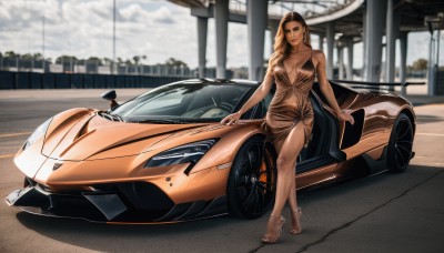 1girl,solo,long hair,breasts,looking at viewer,smile,blonde hair,large breasts,brown hair,dress,cleavage,brown eyes,jewelry,medium breasts,ponytail,earrings,outdoors,dark skin,necklace,blurry,high heels,bracelet,dark-skinned female,blurry background,ground vehicle,breasts apart,motor vehicle,car,road,vehicle focus,plunging neckline,sports car,bare shoulders,collarbone,parted lips,barefoot,feet,toes,halterneck,building,walking,toenails,realistic,anklet,halter dress