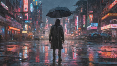 1girl, solo, long hair, black hair, holding, standing, jacket, boots, outdoors, sky, bag, from behind, dutch angle, night, umbrella, ground vehicle, building, scenery, motor vehicle, reflection, rain, holding umbrella, city, car, road, street, puddle, neon lights