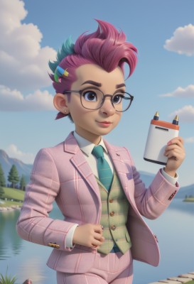 1girl,solo,looking at viewer,smile,short hair,shirt,hair ornament,long sleeves,holding,brown eyes,jewelry,closed mouth,standing,jacket,white shirt,pink hair,multicolored hair,cowboy shot,earrings,outdoors,green hair,open clothes,necktie,sky,glasses,day,hairclip,collared shirt,pants,artist name,cloud,hand up,water,black eyes,vest,two-tone hair,open jacket,tree,blue sky,lips,fingernails,plaid,makeup,buttons,formal,suit,lipstick,freckles,reflection,black-framed eyewear,blue necktie,pink jacket,pencil,green vest,green necktie,lake,plaid necktie,pink pants,blue eyes,striped,signature,watermark,grass,spiked hair,web address,very short hair,striped necktie,aqua necktie,mohawk