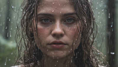 1girl, solo, long hair, looking at viewer, brown hair, black hair, brown eyes, parted lips, blurry, lips, wet, blurry background, portrait, close-up, rain, water drop, realistic, nose, wet hair