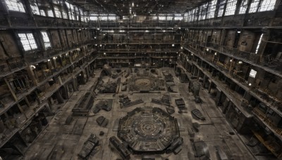 indoors,book,no humans,window,chair,table,sunlight,scenery,science fiction,wooden floor,stairs,bookshelf,cable,gears,dutch angle,light particles,railing,clock,industrial pipe