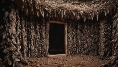 monochrome,indoors,no humans,rope,nature,scenery,rock,door,pillar,brown theme,cave,stone,tree,leaf,traditional media,plant