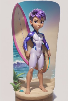 1girl,solo,looking at viewer,smile,short hair,1boy,holding,standing,purple eyes,swimsuit,full body,purple hair,flower,male focus,small breasts,outdoors,barefoot,dark skin,water,covered nipples,dark-skinned female,lips,bodysuit,covered navel,ocean,beach,thick eyebrows,skin tight,sand,very short hair,undercut,waves,surfboard,wetsuit,watermark,plant,web address,male child