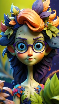 1girl,solo,long hair,looking at viewer,blush,smile,blue eyes,hair ornament,closed mouth,blue hair,collarbone,upper body,purple hair,flower,nude,multicolored hair,small breasts,glasses,artist name,hair flower,orange hair,blurry,flat chest,lips,eyelashes,makeup,colored skin,leaf,plant,lipstick,monster girl,eyeshadow,freckles,nose,green skin,plant girl