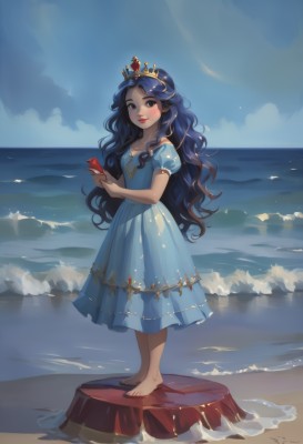 1girl,solo,long hair,looking at viewer,blush,smile,open mouth,black hair,dress,holding,jewelry,very long hair,blue hair,standing,collarbone,full body,short sleeves,outdoors,parted lips,sky,barefoot,teeth,day,puffy sleeves,artist name,cloud,signature,dark skin,water,nail polish,black eyes,dark-skinned female,blue sky,puffy short sleeves,lips,blue dress,ocean,wavy hair,beach,cloudy sky,tiara,crown,personification,curly hair,sand,red lips,shell,starfish,shore,seashell,breasts,closed mouth,small breasts,eyelashes,makeup,phone,cellphone,lipstick,gem,smartphone,holding phone,rock,long dress,horizon,waves,princess,cliff,tree stump