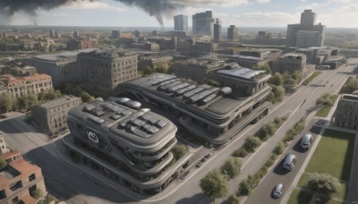 outdoors,sky,day,artist name,cloud,signature,tree,no humans,from above,ground vehicle,building,scenery,motor vehicle,smoke,city,car,road,cityscape,bridge,vehicle focus,skyscraper,cloudy sky,landscape,truck,real world location