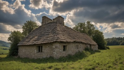 outdoors,sky,day,cloud,tree,blue sky,no humans,window,cloudy sky,grass,building,nature,scenery,forest,mountain,bush,wall,house,field,ruins,landscape,path,hill