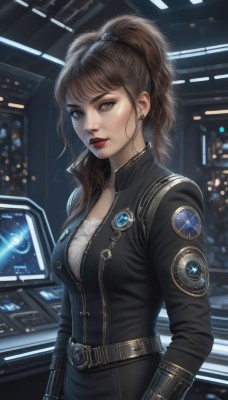 1girl,solo,long hair,breasts,looking at viewer,bangs,brown hair,gloves,long sleeves,cleavage,brown eyes,jewelry,medium breasts,standing,jacket,upper body,ponytail,earrings,belt,indoors,blurry,lips,bodysuit,makeup,blurry background,high ponytail,lipstick,zipper,science fiction,realistic,nose,unzipped,red lips,stud earrings,leather,badge,monitor,closed mouth,artist name,signature,uniform,black jacket,emblem