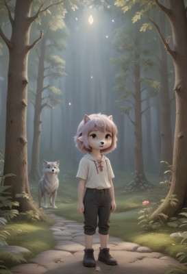 1girl,solo,looking at viewer,short hair,open mouth,bangs,shirt,1boy,ribbon,animal ears,brown eyes,standing,full body,white shirt,pink hair,flower,short sleeves,male focus,outdoors,shoes,shorts,teeth,pointy ears,belt,pants,black footwear,red ribbon,tree,neck ribbon,animal,grass,child,nature,furry,forest,male child,wolf,smile,white hair,day,black pants,sunlight,extra ears,dog,light rays,road,furry male,path