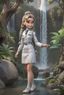 1girl,solo,long hair,looking at viewer,smile,blue eyes,skirt,blonde hair,brown hair,shirt,long sleeves,very long hair,closed mouth,standing,jacket,full body,braid,outdoors,necktie,shoes,day,socks,belt,water,uniform,twin braids,tree,lips,grey eyes,military,military uniform,white footwear,white jacket,plant,white socks,nature,forest,blue necktie,rock,white coat,red lips,breast pocket,river,waterfall,stream,breasts,multicolored hair,watermark,thick eyebrows,web address,forehead,nose