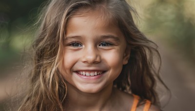 1girl,solo,long hair,looking at viewer,smile,open mouth,blue eyes,brown hair,teeth,grin,blurry,lips,grey eyes,depth of field,blurry background,messy hair,portrait,forehead,realistic,nose,blonde hair,:d