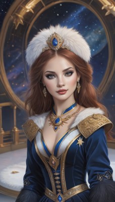 1girl,solo,long hair,breasts,looking at viewer,brown hair,long sleeves,hat,dress,cleavage,brown eyes,jewelry,medium breasts,closed mouth,collarbone,upper body,earrings,choker,artist name,necklace,lips,fur trim,makeup,blue dress,watermark,crown,lipstick,gem,star (sky),web address,eyeshadow,gold trim,nose,red lips,blue gemstone,smile,sky,wavy hair,tiara,feathers,realistic