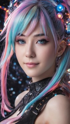 1girl,solo,long hair,breasts,looking at viewer,smile,bangs,blue eyes,hair ornament,bare shoulders,twintails,jewelry,closed mouth,blue hair,upper body,pink hair,multicolored hair,earrings,two-tone hair,aqua eyes,lips,eyelashes,aqua hair,makeup,piercing,portrait,realistic,nose,cleavage,ponytail,sidelocks,sleeveless,necklace,blurry,streaked hair,watermark,close-up,pink lips,mascara